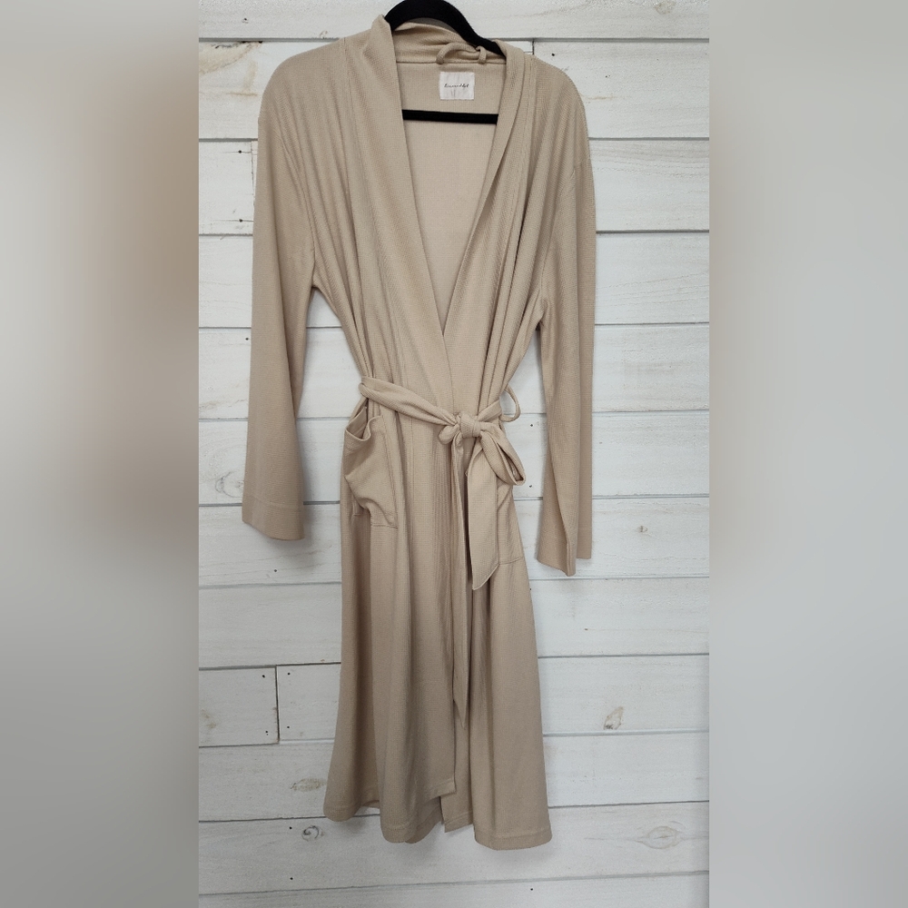 Line And Dot Waffle Knit Robe - Tan - S/M